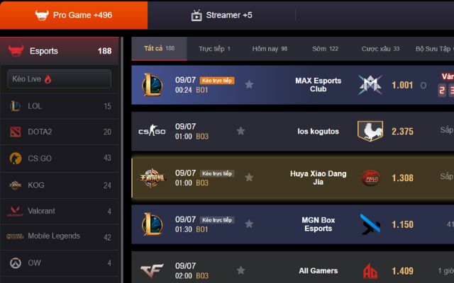 Giao diện cá cược Esports đẹp mắt