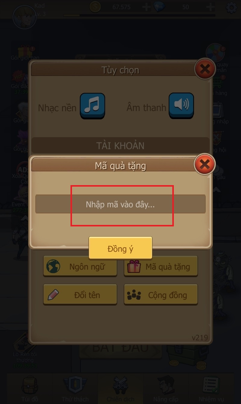 Nhập mã vào ô trống