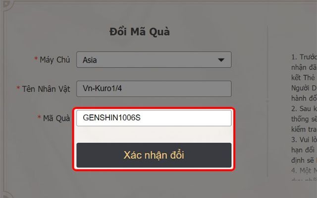 Mọi người cần nhập đúng Code Genshin Impact vào đây