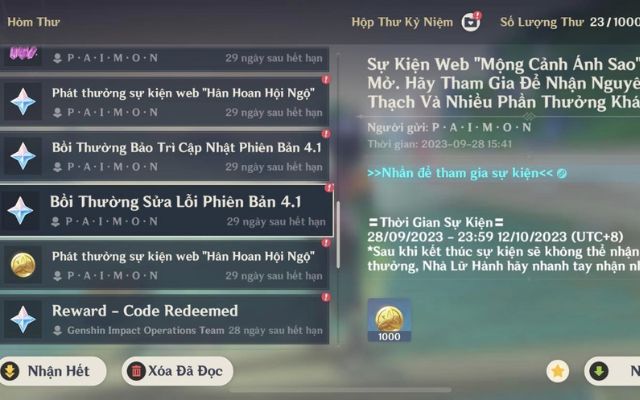 Người chơi vào hòm thư để nhận Code Genshin Impact