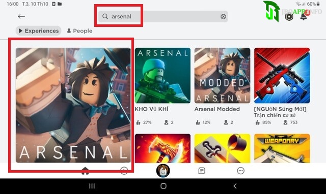 Tìm kiếm Game Arsenal trong Roblox