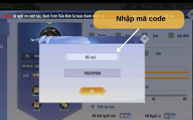 Tiến hành nhập mã code